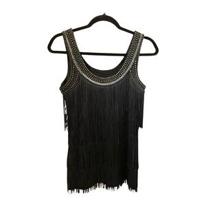 Cache Black Fringe Tank Top with Studded Details, Size S.